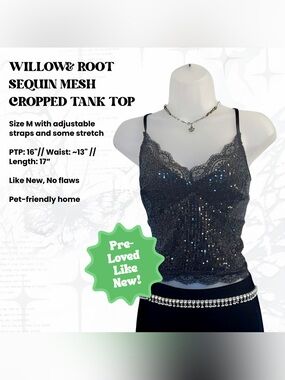 Willow & Root Mesh Sequin Cami Top with lace trim